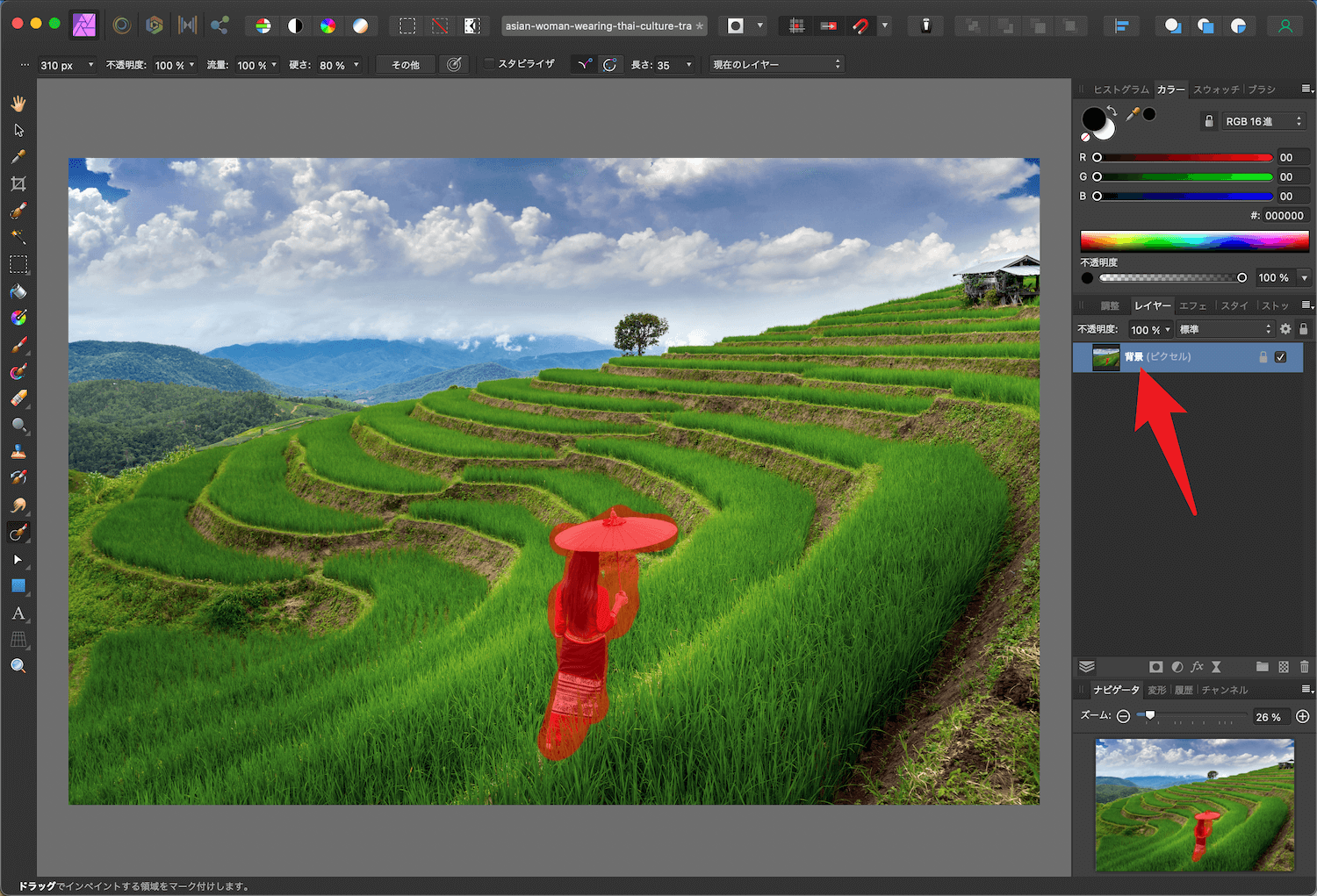 Affinity Photo 不要なものを消すインペインティングブラシツール